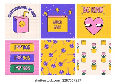 Groovy retro set of cards and patterns. Vector illustrations 90s style. Nostalgic vibeы