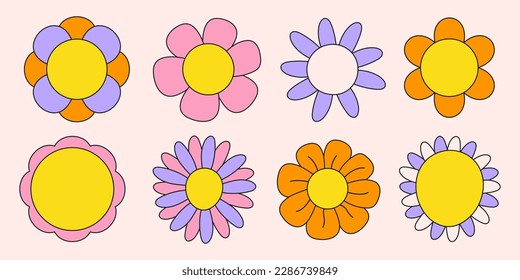 Groovy retro set cartoon flowers. Trendy sticker plants pack in psychedelic style 60s, 70s. Vector illustration