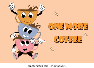 A groovy retro set with a coffee mascot, funny colorful characters in doodle style, in funny poses, cappuccino, espresso and americano. Vector illustration on beige isolated background.