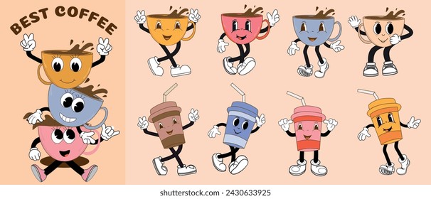 A groovy retro set with a coffee mascot, funny coffee cups with different facial expressions and poses. Funny colorful characters in doodle style, cocoa, latte, espresso and americano. Vector.