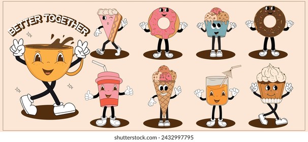 Groovy retro set with coffee mascot, funny colorful doodle style characters, cappuccino, cocoa, latte, espresso and americano, donut, ice cream. Vector illustration.