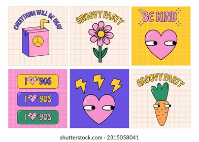 Groovy retro set of funny cards. Vector illustrations 90s style. Nostalgic vibes. Back to 90s illustrations. Psychedelic illustrations