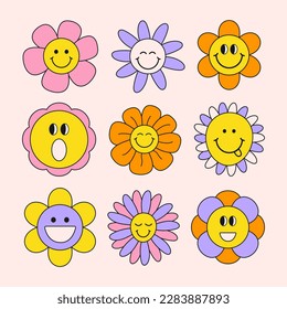 Groovy retro set funny characters cartoon flowers.  Trendy sticker plants pack in psychedelic style 60s, 70s. Vector illustration