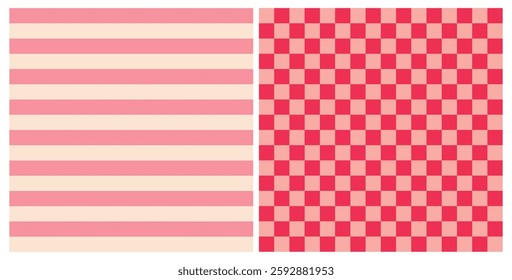 Groovy, retro set of striped and checked seamless repeat pattern. Bundle of y2k geometric aop, all over surface print in pink.