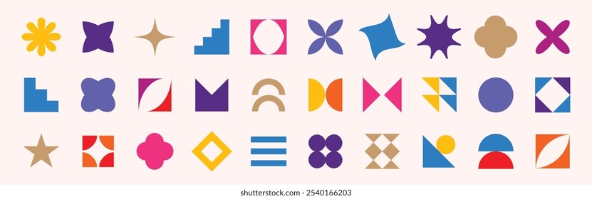 Groovy retro shapes. Abstract 70s 80s 90s pop art style. Primitive elements. Swiss design aesthetic figures, funky geometric hippie, Y2K Geometric design element shapes. Vector