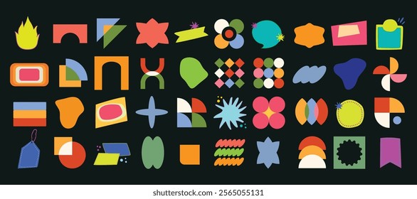 Groovy retro shapes. Abstract 70s 80s pop art style abstract figures, funky geometric hippie elements, Y2K retro badges for poster logo design. Vector isolated set.