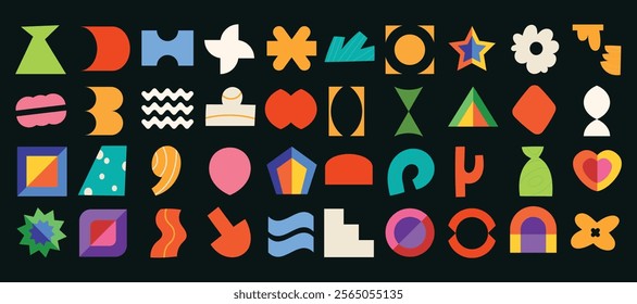 Groovy retro shapes. Abstract 70s 80s pop art style abstract figures, funky geometric hippie elements, Y2K retro badges for poster logo design. Vector isolated set.