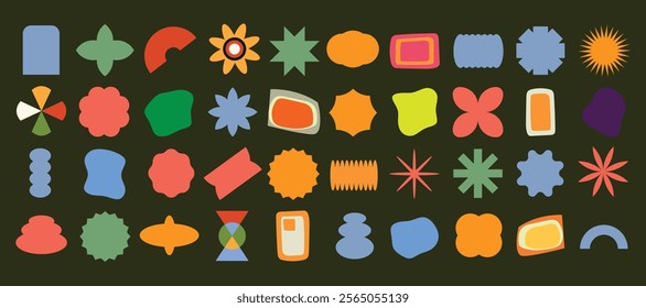 Groovy retro shapes. Abstract 70s 80s pop art style abstract figures, funky geometric hippie elements, Y2K retro badges for poster logo design. Vector isolated set.