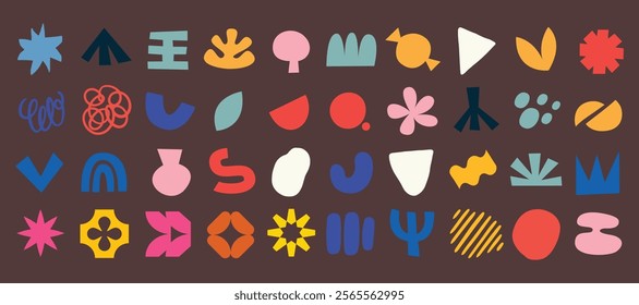 Groovy retro shapes. Abstract 70s 80s pop art style abstract figures, funky geometric hippie elements, Y2K retro badges for poster logo design. Vector isolated set.