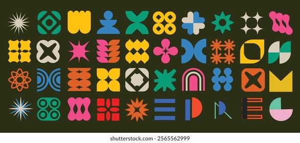 Groovy retro shapes. Abstract 70s 80s pop art style abstract figures, funky geometric hippie elements, Y2K retro badges for poster logo design. Vector isolated set.