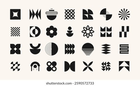 Groovy retro shapes. Abstract 70s 80s pop art style abstract figures, funky geometric hippie elements, Y2K retro badges for poster logo design. Vector isolated set.