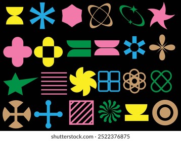 Groovy retro shapes.  Y2K abstract silhouette  shapes, Swiss design aesthetic. Decorative design elements on black background eps 10.