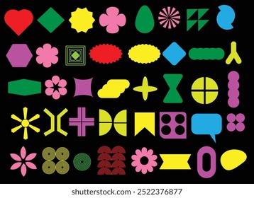 Groovy retro shapes.  Y2K abstract silhouette  shapes, Swiss design aesthetic. Decorative design elements on black background eps 10.