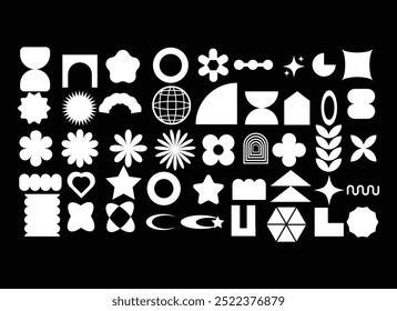 Groovy retro shapes.  Y2K abstract silhouette  shapes, Swiss design aesthetic. Decorative design elements on black background eps 10.