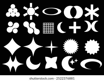 Groovy retro shapes.  Y2K abstract silhouette  shapes, Swiss design aesthetic. Decorative design elements on black background eps 10.