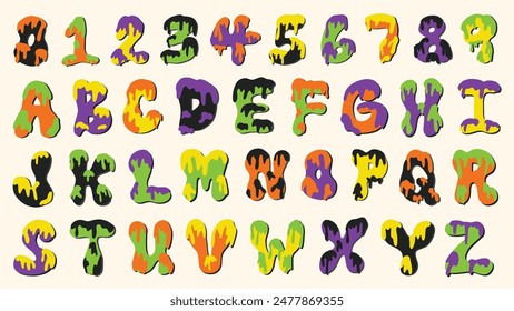 Groovy retro slime alphabet letters and numbers set. Hand lettered Halloween font. Hand drawn vector illustrations.