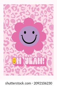 Groovy retro smile face flower poster print. Y2K aesthetic illustration in pink. 