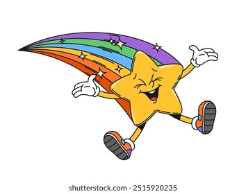 Groovy retro space character, star with rainbow tail and twinkles, cartoon vector emoji. Funny comic groovy galaxy star with funky face and happy smile with twinkle shines on rainbow sparkles