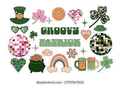 Groovy retro  St. Patrick's Day set. Clover, disco balls, leprechaun hat, Irish beer, gold coin, rainbow, pot of gold, flowers,glass hearts. Pink and green Patricks, 70s shamrock. Vector illustration