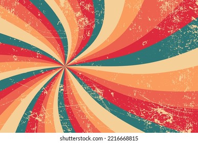 groovy retro starburst sunburst background pattern in grunge textured vintage color palette of blue orange red and beige with spiral or swirled radial striped design, old 60s hippy background vector