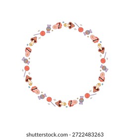 Groovy retro sticker circle border design in colorful funky doodle style pattern. Abstract frame with vibrant y2k pattern as artistic and playful element, perfect for creative trendy uses.