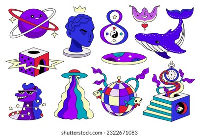 Groovy retro sticker pack of funny characters, animals and surreal objects. Vector illustration. Vintage hippy abstract set of elements in trendy psychedelic weird cartoon style