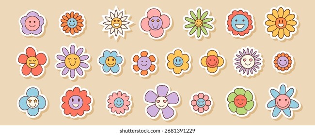 Groovy retro sticker set with colorful daisy and cartoon sunflower flower shapes. Smiley floral and chamomile vintage element, playful y2k style for fun decorative ideas.