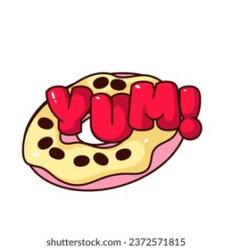 Groovy retro sticker with Yum text on donut vector illustration. Cartoon isolated cute funny yummy doughnut with cream and chocolate, retro patch with delicious sweet food and comic bubble font