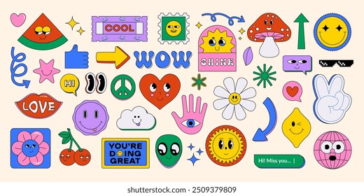 Groovy retro stickers. Cartoon 70s 80s psychedelic funky hippy icons, vintage hippie floral decorative elements for greeting cards and invitations. Vector isolated set.