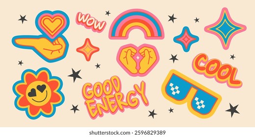 Groovy retro stickers set isolated on background. Vector illustration of flat rainbow, heart, star, hands, smiling flower emoji, y2k patches for trendy vintage poster design, cool energy labels