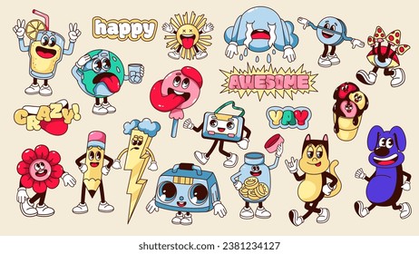 Groovy retro stickers set vector illustration. Cartoon isolated retro rave or hippie party characters, crazy mascot of psychedelic acid trip and patches with positive hippy slogans and elements