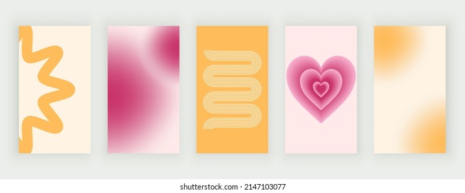 Groovy retro stories backrounds with boho, hearts and blur shapes