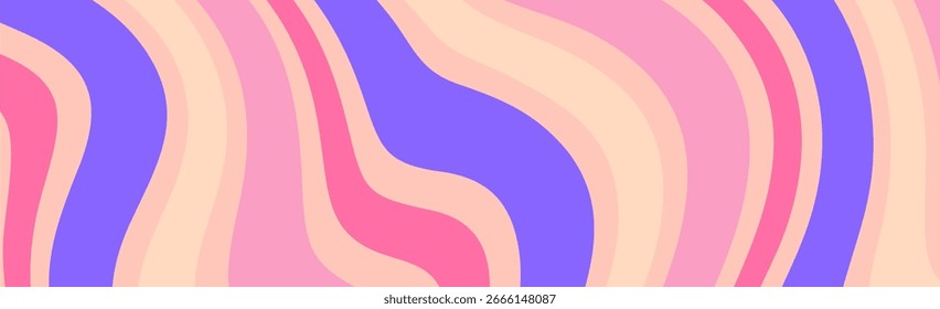 Um fundo abstrato estilo groovy, retrô com ondas fluindo, orgânica em uma paleta de cores macia e pastel de rosa, roxo e creme.