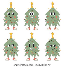 Groovy retro style Christmas tree set with different emotions face