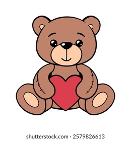 Groovy retro style cute teddy bear with a heart in his paws. Children's soft toy. White background.