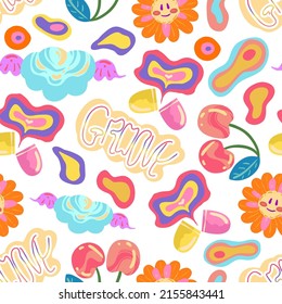 Groovy retro style. Hippie elements. Various stickers, cherries, cloud, chamomile, vitamin. Vector seamless Pattern. Light background, wallpaper, cartoon style