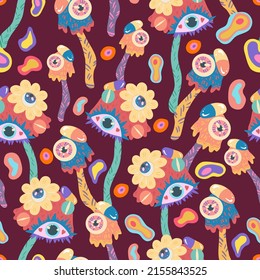Groovy retro style. Hippie elements. Psychedelic mushrooms with eyes. Vector seamless Pattern. Dark background, wallpaper, cartoon style