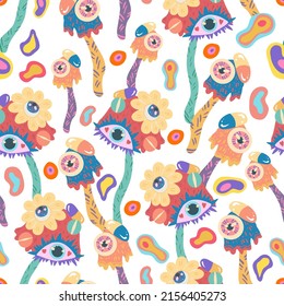 Groovy retro style. Hippie elements. Psychedelic mushrooms with eyes. Vector seamless Pattern. Light background, wallpaper, cartoon style