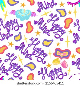 Groovy retro style. Hippie elements. Lettering happy mind. Vector seamless Pattern. Light background, wallpaper, cartoon style