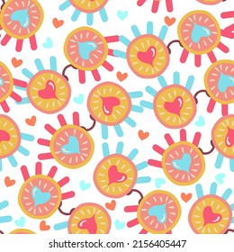 Groovy retro style. Hippie elements. glasses, eyes. Vector seamless Pattern. Light background, wallpaper, cartoon style