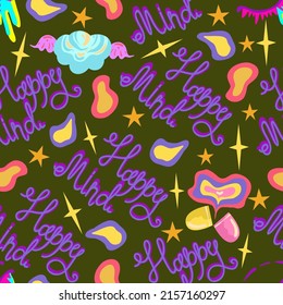 Groovy retro style. Hippie elements. Lettering happy mind. Vector seamless Pattern. Dark background, wallpaper, cartoon style