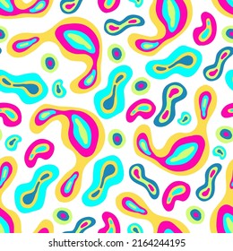 Groovy retro style. Hippie elements. Abstraction, psychedelic, spots neon color. Vector seamless Pattern. White background, wallpaper