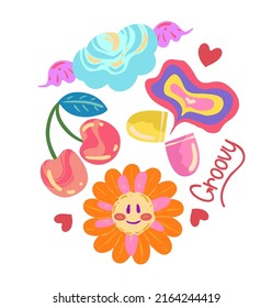Groovy retro style. Hippie elements. Various stickers, cherries, cloud, daisy peace, vitamin. Postcards, stickers, posters. Cartoon style