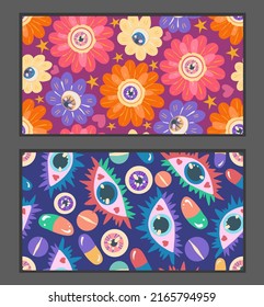 Groovy retro style. Hippie elements. Psychedelic flowers with eyes, various eyes, vitamins. Vector seamless two patterns. Dark background, wallpaper