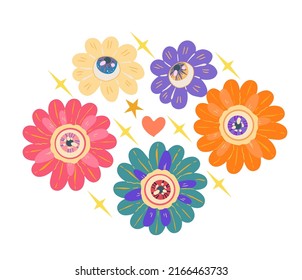 Groovy retro style. Hippie elements. Psychedelic flowers with eyes. Vector illustration. Sticker, patch, t-shirt print