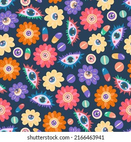 Estilo retro groovy. Elementos hippie. Flores psicodélicas con ojos, ojos variados, vitaminas. Patrones de vectores sin fisuras. Fondo oscuro, fondo de pantalla