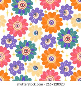 Groovy retro style. Hippie elements. Psychedelic flowers with eyes. Vector illustration. Pattern. Light background, wallpaper, cartoon style