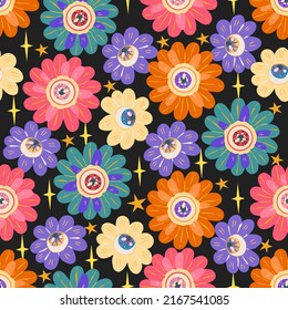 Groovy retro style. Hippie elements. Psychedelic flowers with eyes. Vector illustration. Pattern. Dark background, wallpaper, cartoon style