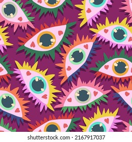 Groovy retro style. Hippie elements. Psychedelic various eyes. Vector illustration. Pattern. Dark background, wallpaper, cartoon style