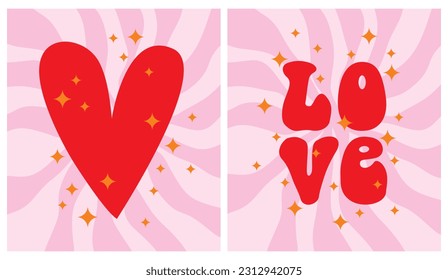Groovy Retro Style Valentine's Day Vector Prints with Red Hearts and Twisted "Love" on a Pastel Pink Background.Retro Lettering Text. Trendy Hippie Romantic Poster. Big Heart and Stars. Valentie Card.